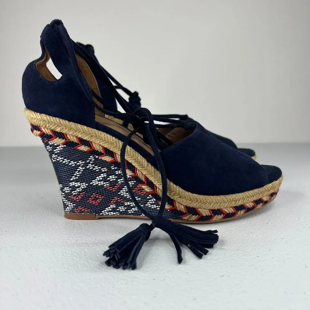 Cabi Isla Espadrille Wedge Sandal Navy Blue Suede Ankle Tie Up Tassels Western 6